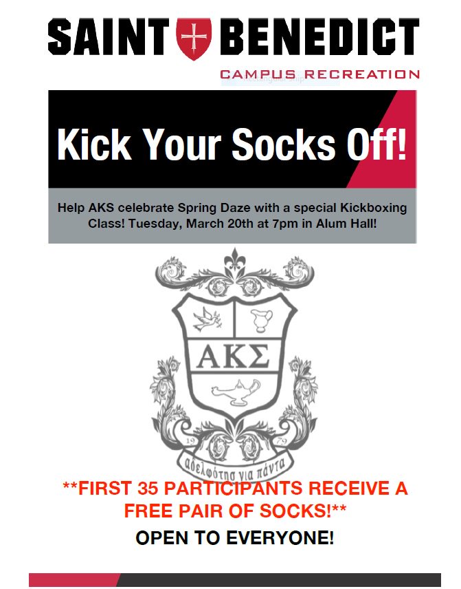 CSBrec's tweet image. Have you every wanted to learn how to kick box? Join us in Alum Hall tonight at 7PM for a special kickboxing class sponsored by AKS and get a free pair of socks!