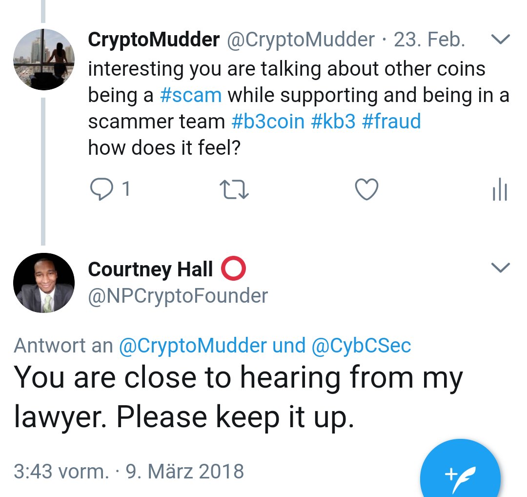 CryptoMudder's tweet image. lovely how these scammers love to threaten others ..with lawyers 😂
and then he will do what? 🤔

@NPCryptoFounder 
#kb3coin #b3coin #scam #fraud #kb3 #masternode