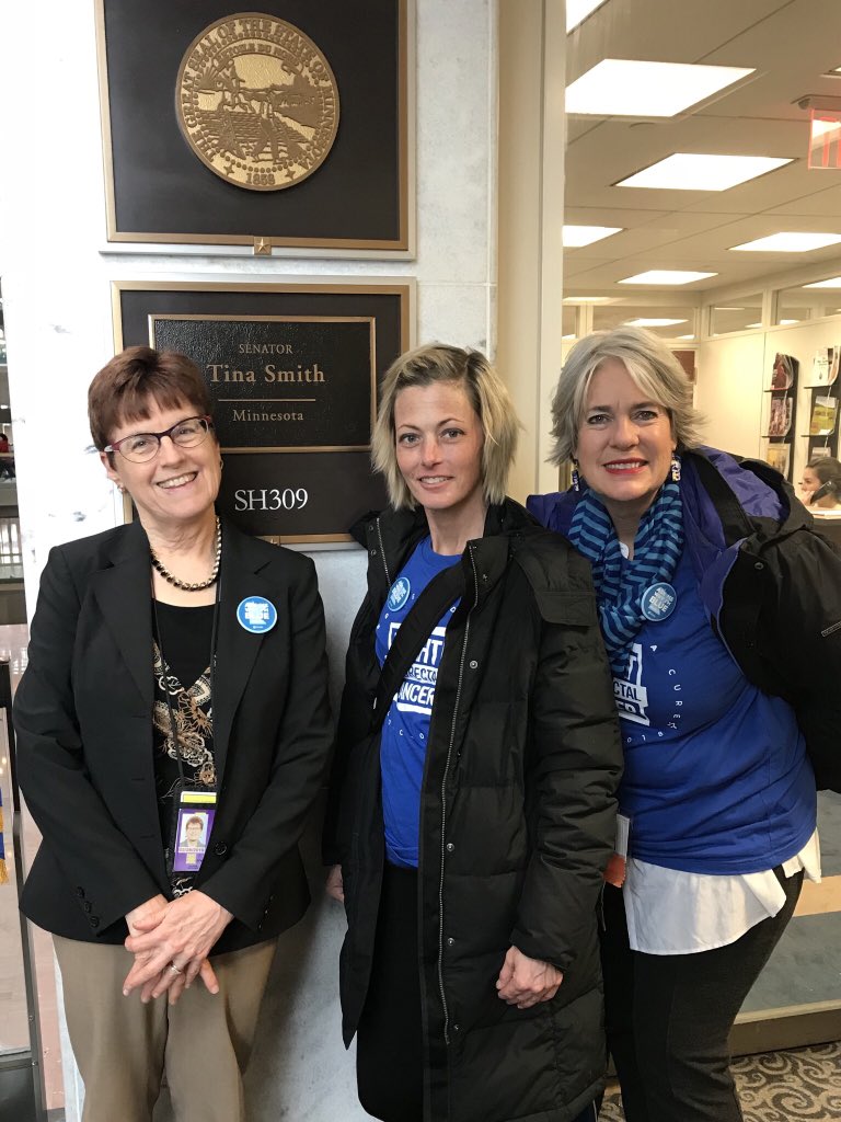 TheSarahDeBord's tweet photo. So great talking to Karin Rhodes from the office of @SenTinaSmith about what we’re doing to get more Minnesotans access to screening, and the rise in young onset #colorectalcancer. #MNBlue @gyrig #conc2018 @FightCRC https://t.co/P7FZhwM4mc
