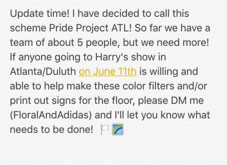 FloralAndAdidas's tweet photo. I've got updates on Pride Project ATL (including an official project name)!DM me if you're willing and able to help! #HarryStylesLiveOnTour #PrideProjectATL #RainbowDirection #HarryStylesLiveOnTourAtlanta #HarryStylesLiveOnTour2018 @homefromnarnia https://t.co/YTfHvlmnoh