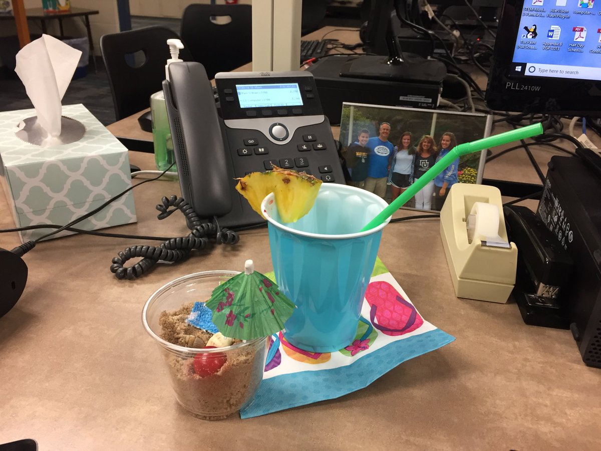 So grateful for our awesome LS PTO!  They just delivered a sparkling water complete with fruit and a straw along with part of the beach—and seashells, of course!  They even gave me some suntan lotion for a bit of aroma therapy!  They rock!  #everystudenteveryday #loveour families