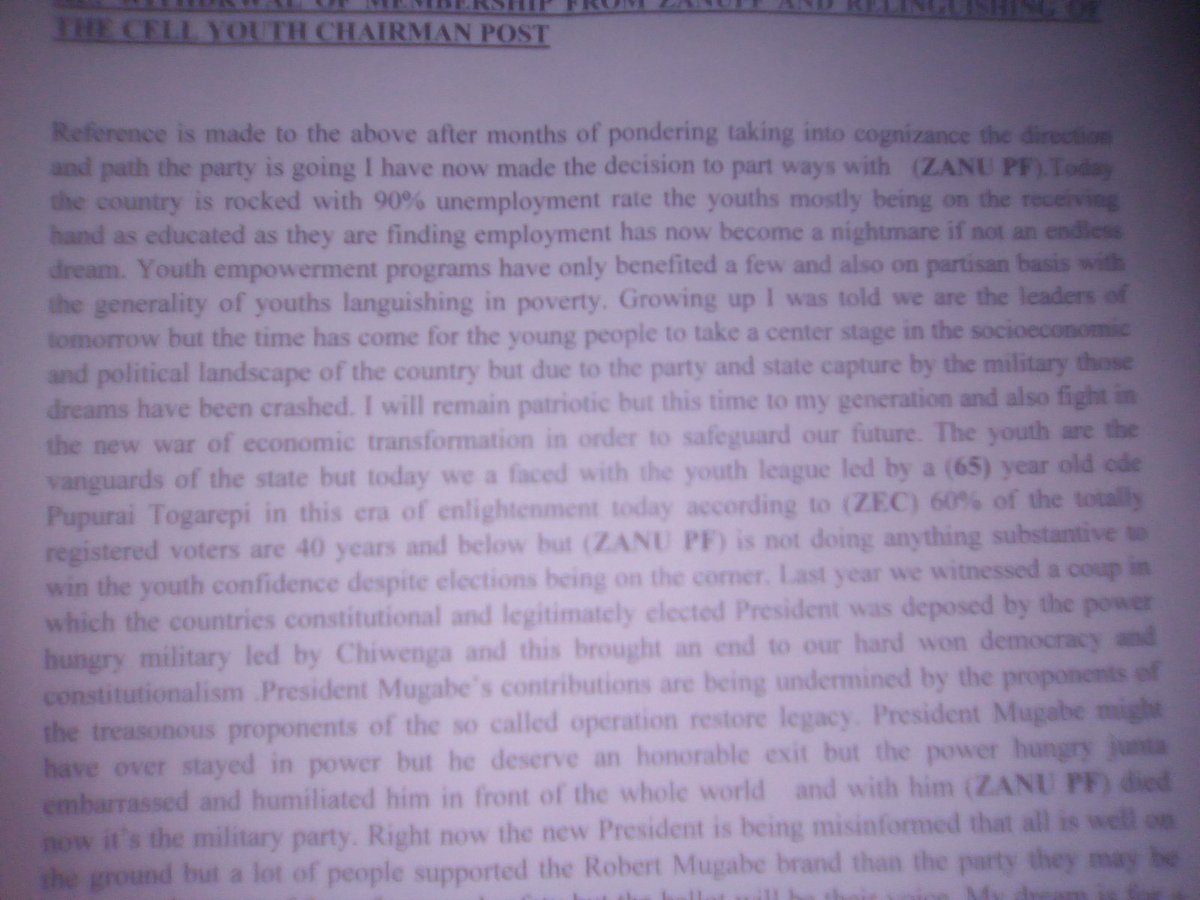 PATRIOTIC1994's tweet photo. My affiliation to ZanuPf has come to an end I've left @MakomboreroH @edmnangagwa @Zinasuzim @teamZICOSU the young generation will conquer https://t.co/Oudg1pMM0T