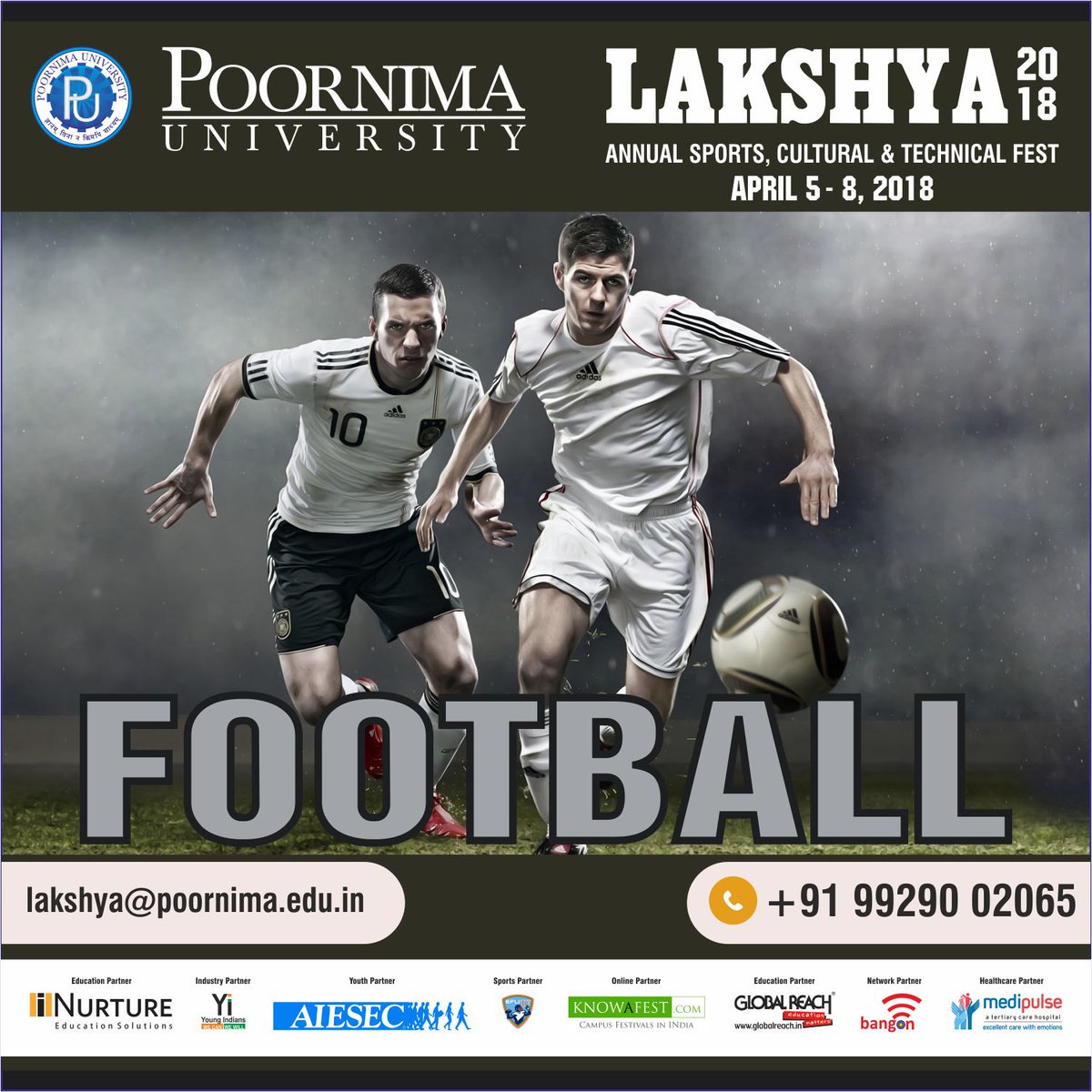PoornimaLakshya's tweet photo. LAKSHYA Coming with a Ultimate Sport Event Football (7-A side).
"In life,as in football,you won’t go farunless you know where the goalposts are".
#Pu #Lakshya2k18 #festtime #jaipur #upcoming_events #sports # football #be _ready... https://t.co/MhoZJpcmr5