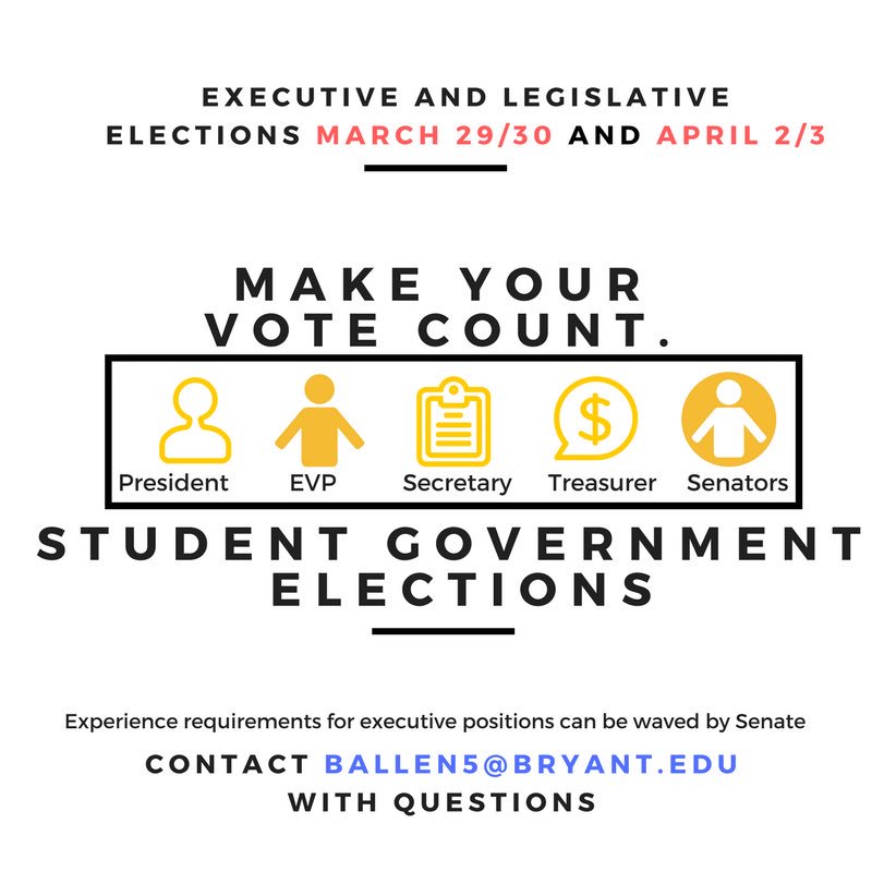 Apply today on OrgSync for an executive or legislative position! Executive elections will be held March 29th and 30th and legislative elections April 2nd and 3rd!