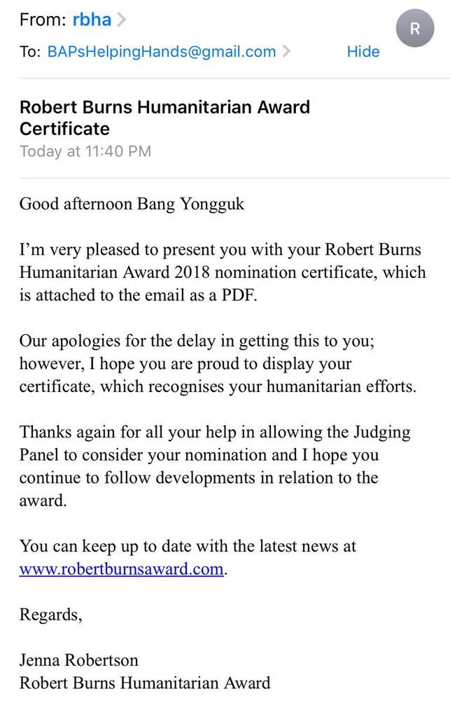BAP_Turkey's tweet photo. [#RobertBurnsHumanitarianAward2018] Sertifikamız geldi😊

Kendini başkalarının hayatlarını korumaya adayan kişilere veriliyor bu ödül.

Böyle bir ödüle aday olabiliyorsak kaç birinciliğimiz olmuş,kaç rekor kırmışız,kaç ülkenin müzik listelerine girmişiz bizim için bir önemi yok❤ https://t.co/reviezzsg0