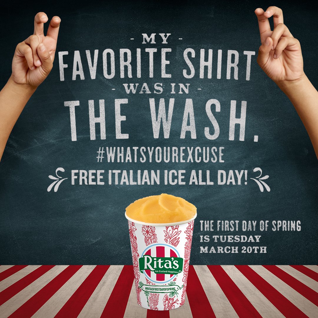 Happy First Day of Spring! 
Join us TODAY for Rita’s 26th annual celebration and get your FREE ITALIAN ICE from 12-9pm
Location: 5221 W. Walnut Avenue, Visalia, CA 93277 in the Rancho Viejo Shopping Center next to SaveMart and Jimmy John's.