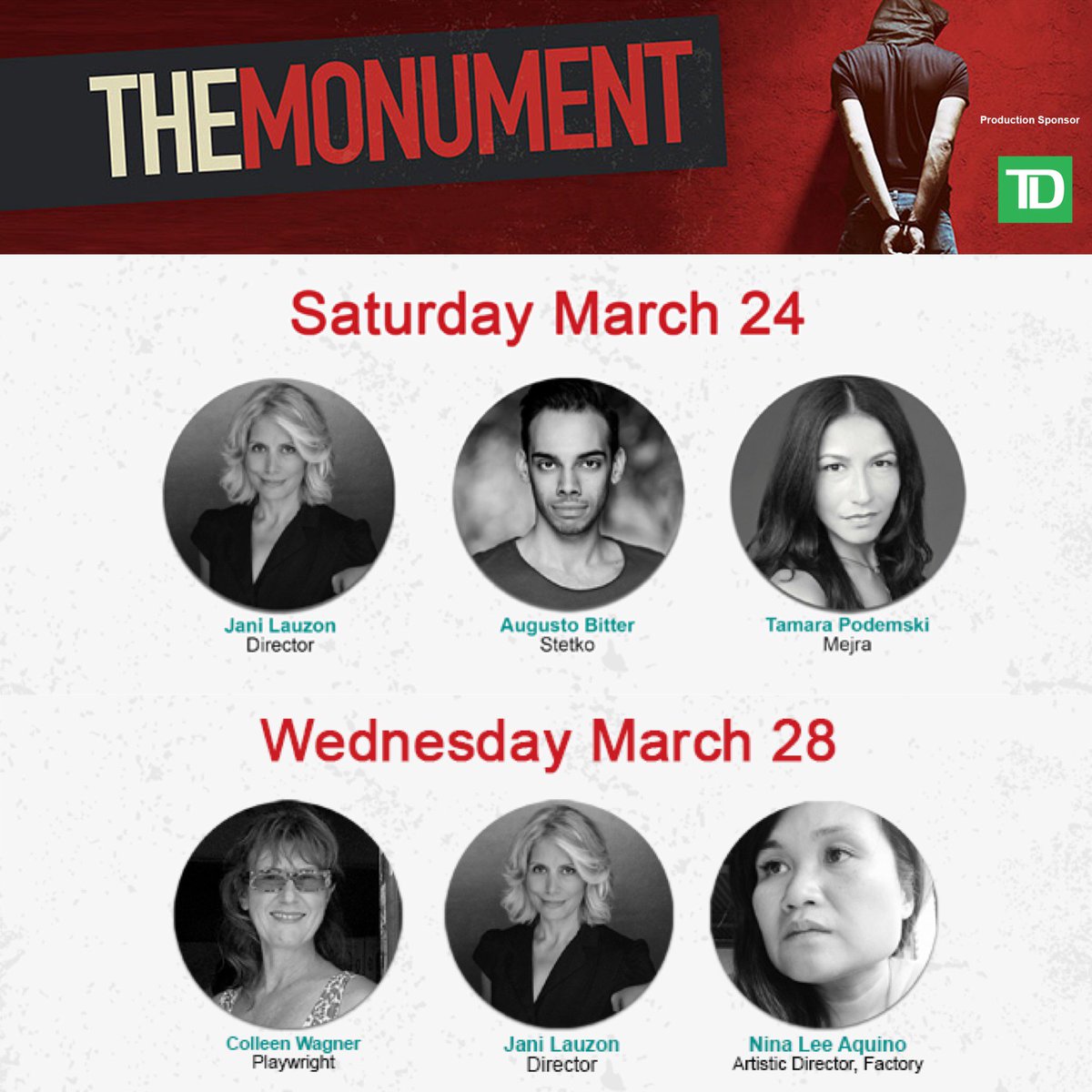 FactoryToronto's tweet photo. We have two amazing post-show talks coming up! Grab your tickets to either of these performances of THE MONUMENT and stay after the show to discuss with some very special guests. Book your tickets now at https://t.co/KriROiGHth #theaTO #ftmonument https://t.co/8fbKLLRGij