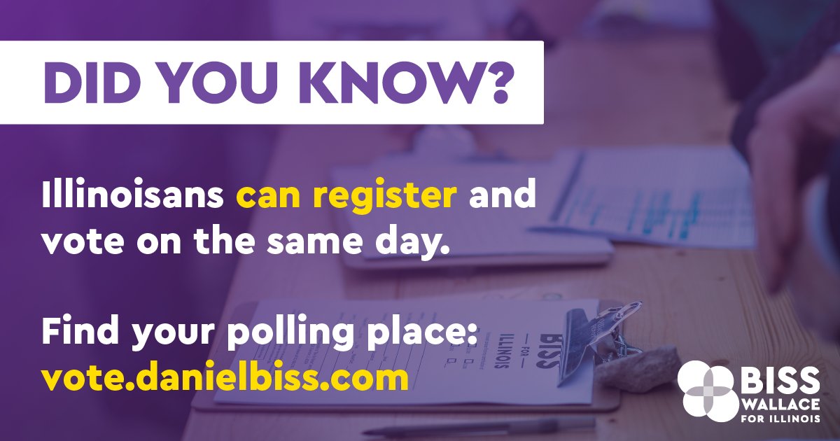 DanielBiss's tweet photo. Did you know? Illinoisans can register and vote on the same day! Don't delay—vote before polls close at 7:00 pm: https://t.co/7YsdqnkgBJ https://t.co/9Mz8ZpDzCq