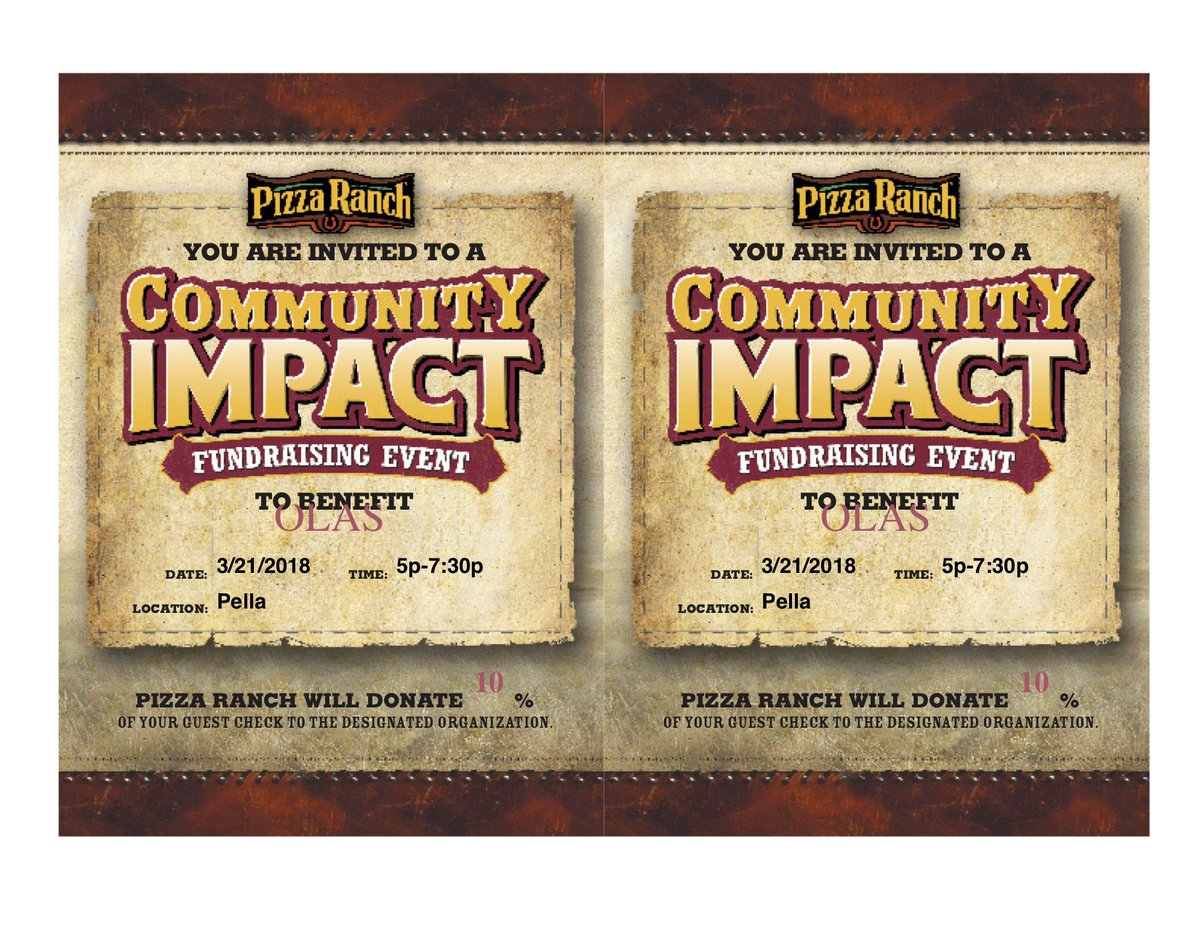 OLAS_central's tweet image. OLAS Fundraiser at Pizza Ranch, March 21

Support OLAS and come to Pizza Ranch between 5:00 pm- 7:30pm on Wednesday, March 21. Come alone or come in a group, OLAS would love to serve you!