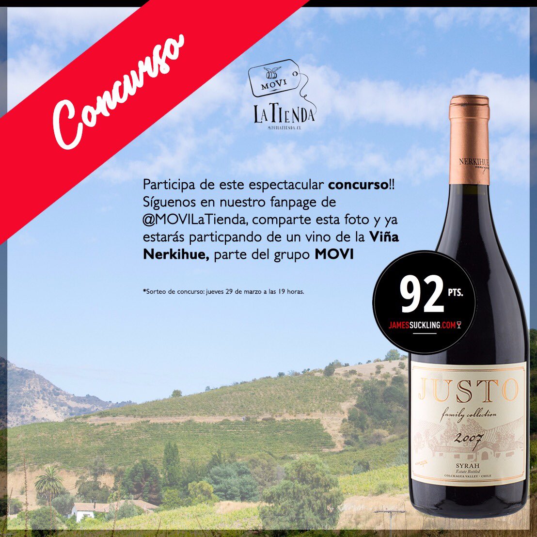 ¿Quieres ganar «Justo»? Un vino 85% Syrah y 15% Petit Verdot de viña <a href="/nerkihue/">Nerkihue</a>
Anda a Facebook sigue nuestro fanpage <a href="/MOVILaTienda/">MOVI La Tienda</a>, comparte la foto de nuestro vino y estarás participando por una botella -de las sólo 1.200 producidas- de este vino proveniente de Lolol 🍷👌🏻