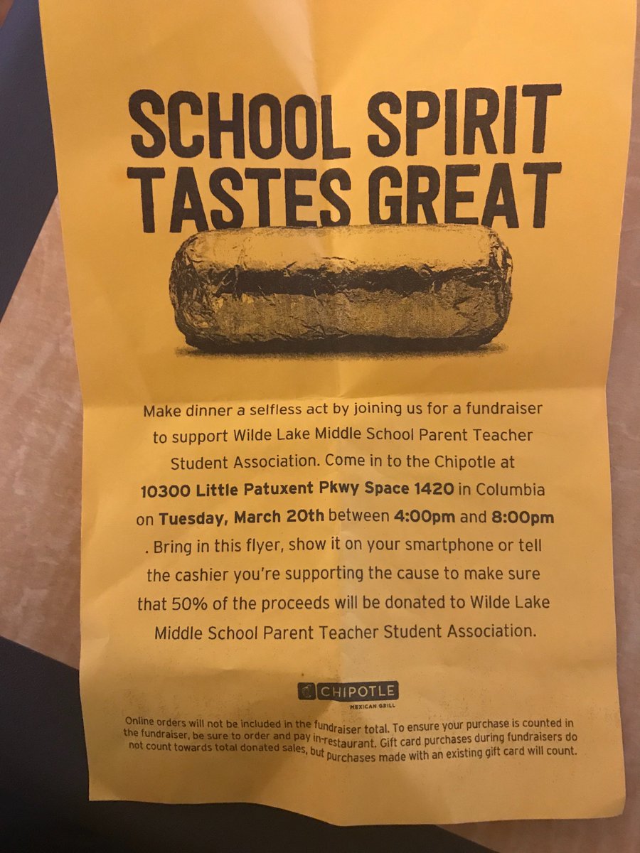 Hungry? PTSA fundraiser happening now at Chipotle in the mall from 4-8. Be safe out there <a href="/hcpss_wlms/">Wilde Lake MS</a>