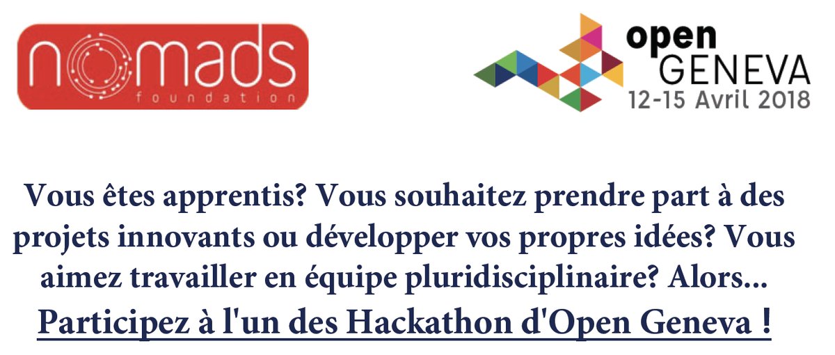 opengeneva's tweet image. La Fondation Nomads @Nomadsgeneva encourage les apprentis à prendre part #opengeneva18. Les apprentis sont des innovateurs passionnants qui vont très certainement enrichir les projets des hackathons, dans l&apos;électricité, l&apos;électronique, la robotique, la mécanique de précision.