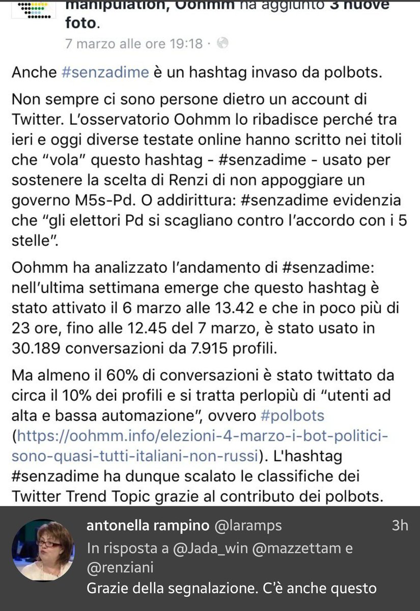 MarcoMariani_IT's tweet image. Su segnalazione di @debe, posto qui sotto una delle solite analisi di parte avversa de @laramps il cui odio verso di noi è talmente incontenibile da alterare a suo piacimento la realtà.Cari amici vi dovete rassegnare: noi siamo tutti #polbots anche se non lo sappiamo
#senzadime