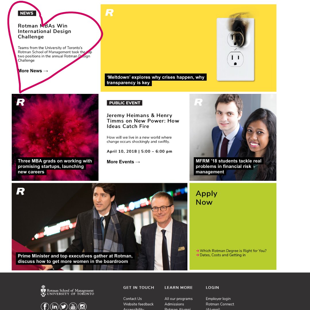 rotmandesign's tweet photo. Weโre on the homepage of @rotmanschool โs new website! With our #primeminister @JustinTrudeau ๐ฅ #nobigdeal
#rotmandesignchallenge #rdcxcibc #RDC2018 #homepage #website #redesign #MBA #design https://t.co/mVAer4eakC