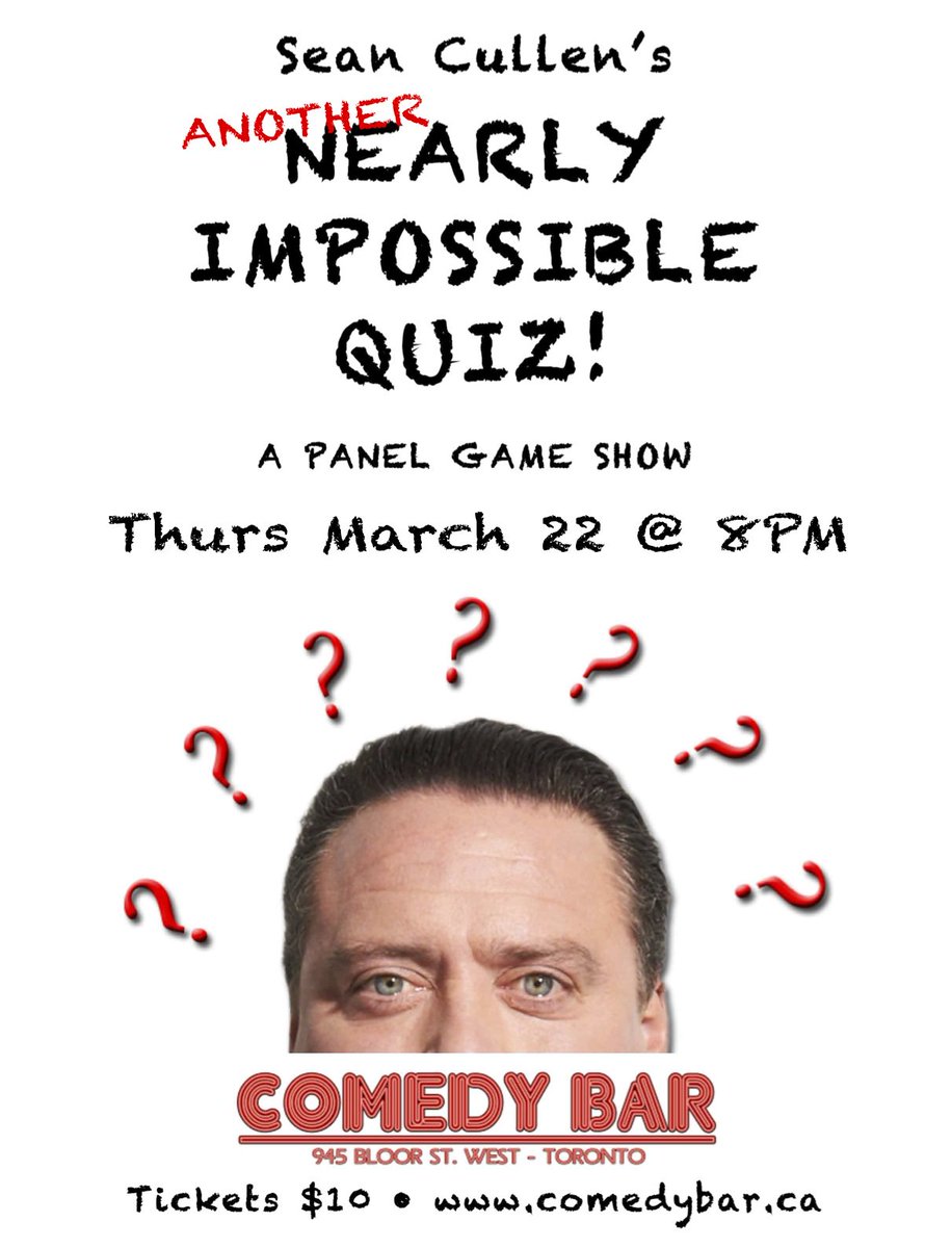 This Thursday: Sean Cullen's Nearly Impossible Quiz! 8pm at the Comedy Bar. With <a href="/NugNahrgang/">Nug Nahrgang</a> , <a href="/someguymark/">𝕸𝖆𝖗𝖐 𝕰𝖉𝖜𝖆𝖗𝖉𝖘 🦖💨💨💨</a> , @JoanneOSullivn , and YOU?