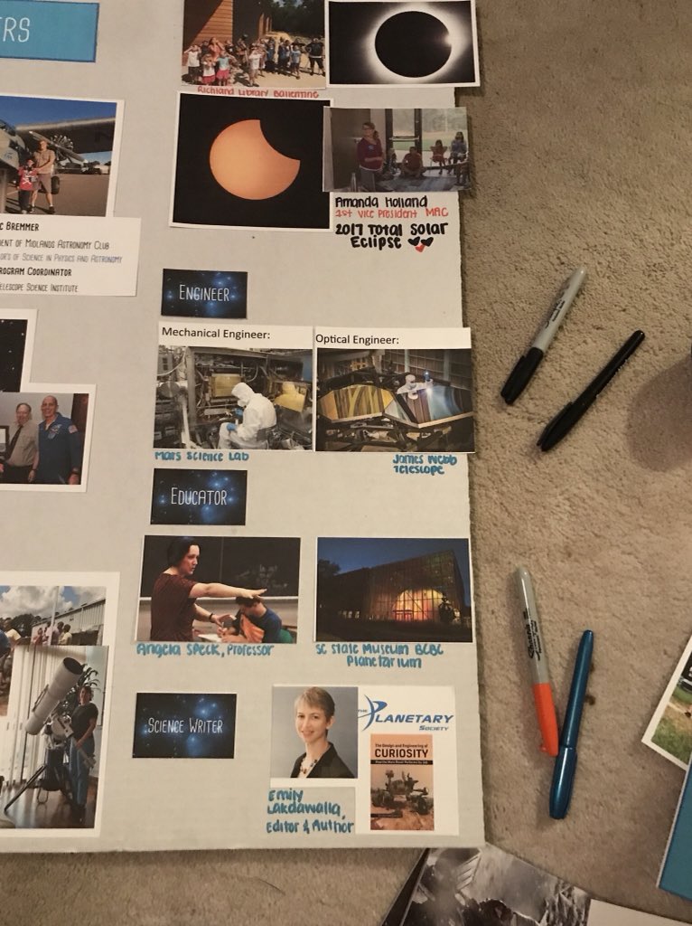 SpaceAmandaxo's tweet image. Been so busy &amp;amp; haven't been updating much. Enjoy this last minute career fair board I made for outreach at an elementary school tomorrow! It briefly highlights some careers options in #astronomy  &amp;amp; focuses on club members who are in the field &amp;amp; what kind of education they earned!