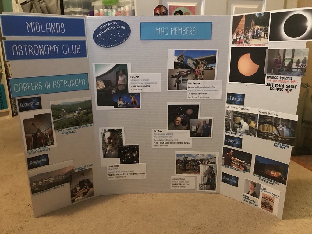 SpaceAmandaxo's tweet image. Been so busy &amp;amp; haven't been updating much. Enjoy this last minute career fair board I made for outreach at an elementary school tomorrow! It briefly highlights some careers options in #astronomy  &amp;amp; focuses on club members who are in the field &amp;amp; what kind of education they earned!