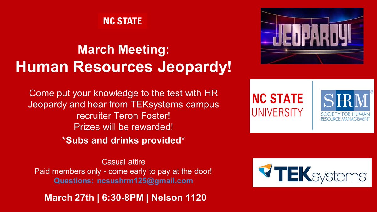 Our next chapter meeting will take place next Tuesday and will feature a fun Jeopardy night with a guest speaker from TEKsystems. You definitely DON'T wanna miss this! And as always free food😋 See you there!