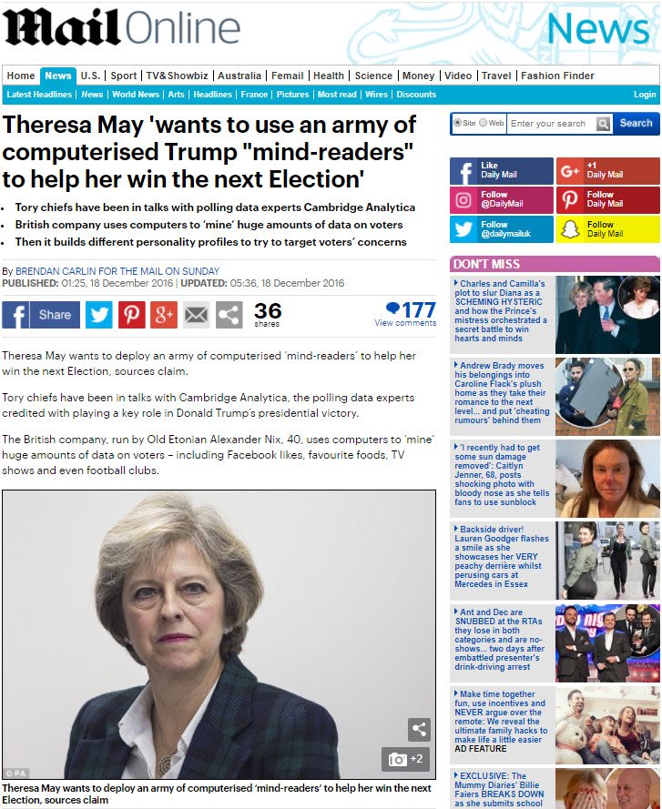 Daily Mail article showing that Theresa May wanted to work with Cambridge Analytica back in 2016