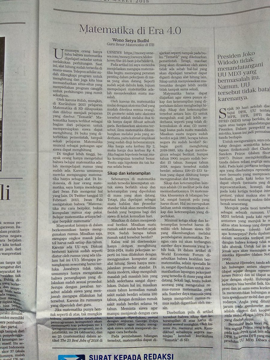 uruqulnadhif's tweet image. Tulisan Pak @wonosb_math di Kompas hari ini (21/3)