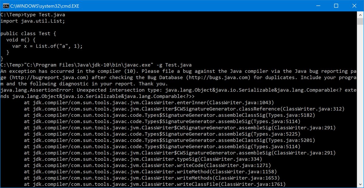 tagir_valeev's tweet image. Within a day after #Java10 release a compiler bug was found which crashes compiler on very simple class. Better to wait for java 10.0.1?..