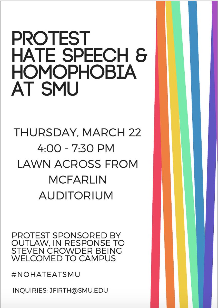This Thursday 3/22 from 4:30-7pm, on the lawn outside McFarlin Auditorium, Outlaw will be holding a peaceful, counter protest to the hateful behavior and speech toward the LGBT Community. Contact the head of Outlaw, jfirth@smu.edu, for any questions.