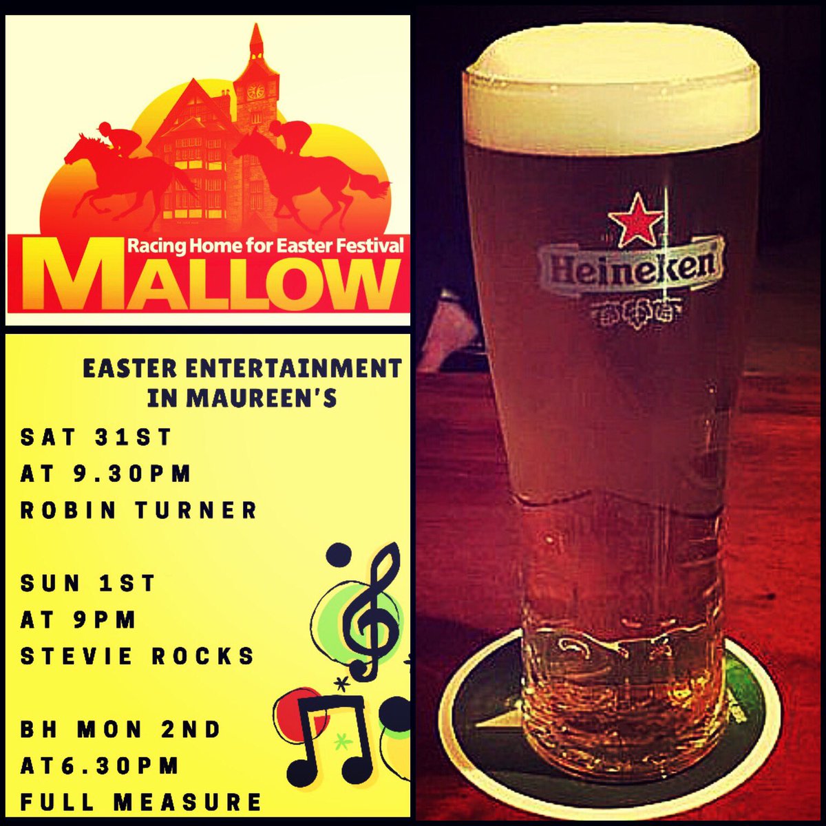 Mallow 31st March - 2nd April. Racing Home for Easter Festival 3 days of top class racing and great after racing entertainment in Mallow in conjunction Heineken Ireland.<a href="/MallowFestival/">RacingHomeforEaster</a> <a href="/HeinekenIE_News/">Heineken IE News</a>