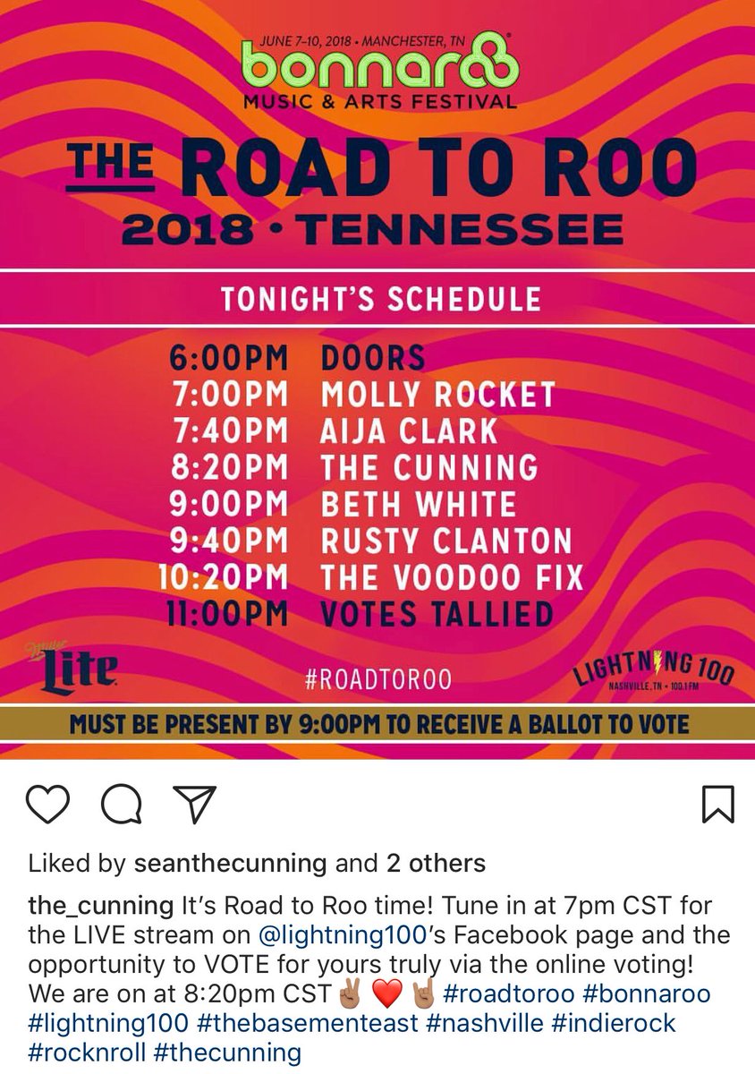Tune into <a href="/Lightning100/">Lightning 100</a> #Facebook page for the LIVE stream of tonight’s #RoadToRoo show at <a href="/BasementEast/">The Basement East</a> and VOTE for yours truly to play <a href="/Bonnaroo/">Bonnaroo</a> festival this year! We’re on at 8:20pm CST #RoadToRoo #nashville #rocknroll