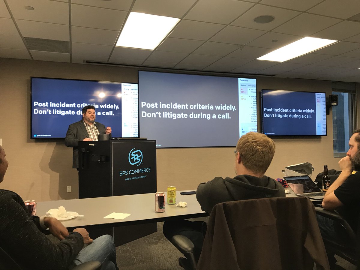 NateDAnderson's tweet image. During the incident is not the time to figure out the severity of the incident. Document it and share it widely! - @mattstratton #Devopsmsp
