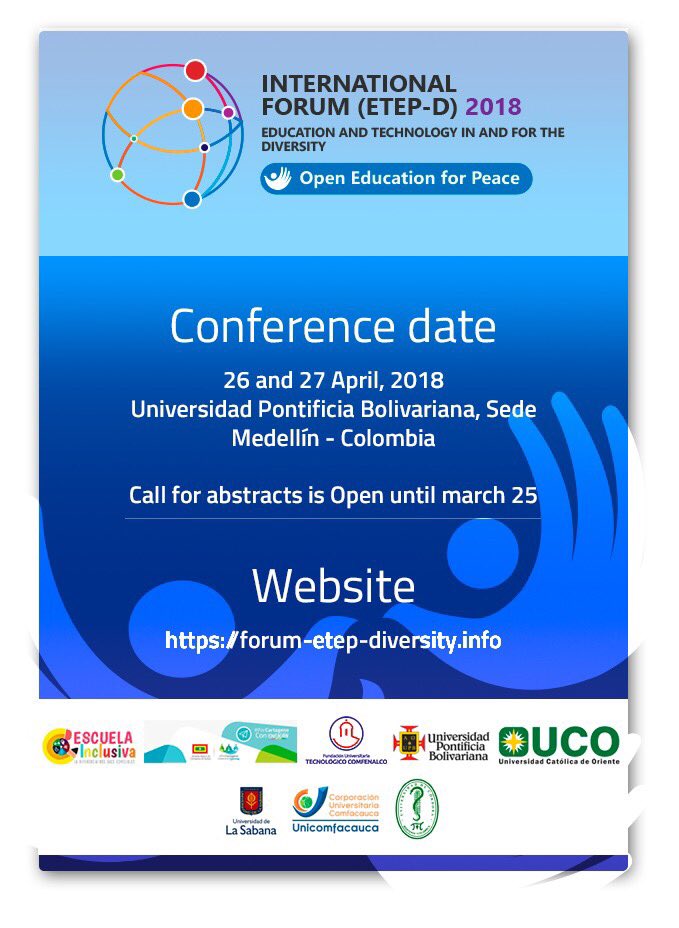 openedmovement's tweet photo. Open Education for Peace!
https://t.co/kSUiDyxecN
Medellín Abril 26 y 27 de 2018! #OER #OPENED #diversity #inclusion https://t.co/3060rmkVbe