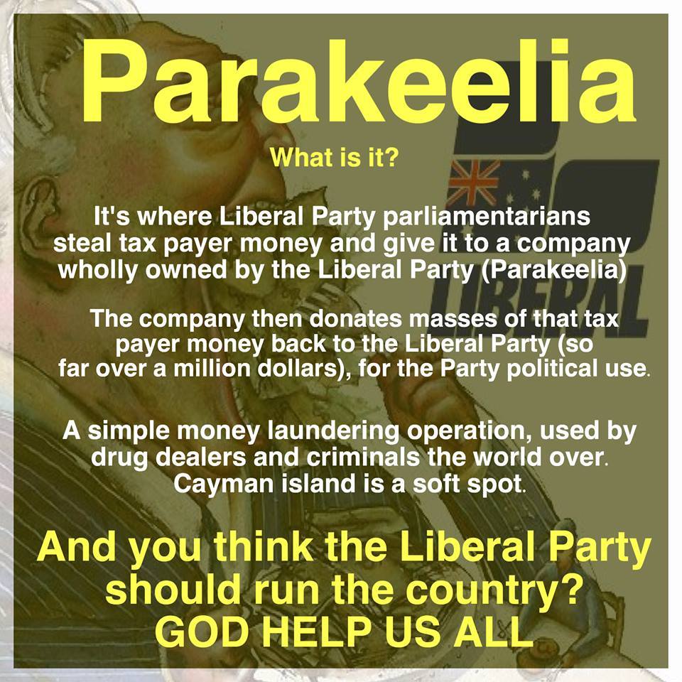 elliemail's tweet photo. @AllTooLogical @SeanBradbery @TheIPA @LiberalAus re #Parakeelia, this is a @LiberalAus party business run by Liberal Party for the Liberal Party and overseen by deceased person, see last image.
#NothingToSeeHere decided Auditor General Grant Hehir, an #Abbott appointment.
#LNPexposed
#auspol https://t.co/08dpT38VT3