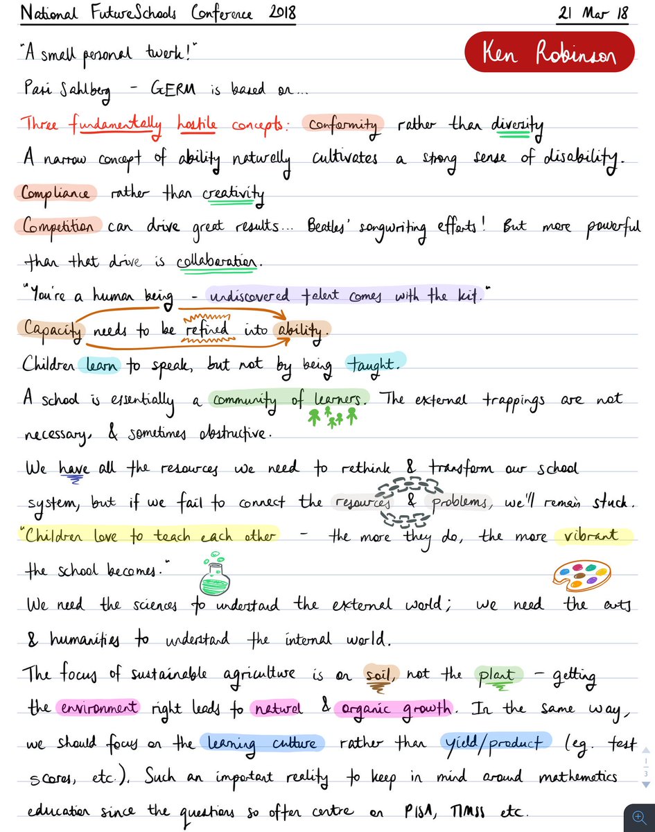 misterwootube's tweet photo. 📝 My notes from @SirKenRobinson's keynote at #FutureSchools. Brimming with insights &amp; challenges to rethink the purpose &amp; function of our schools. https://t.co/avgAwfJd8c