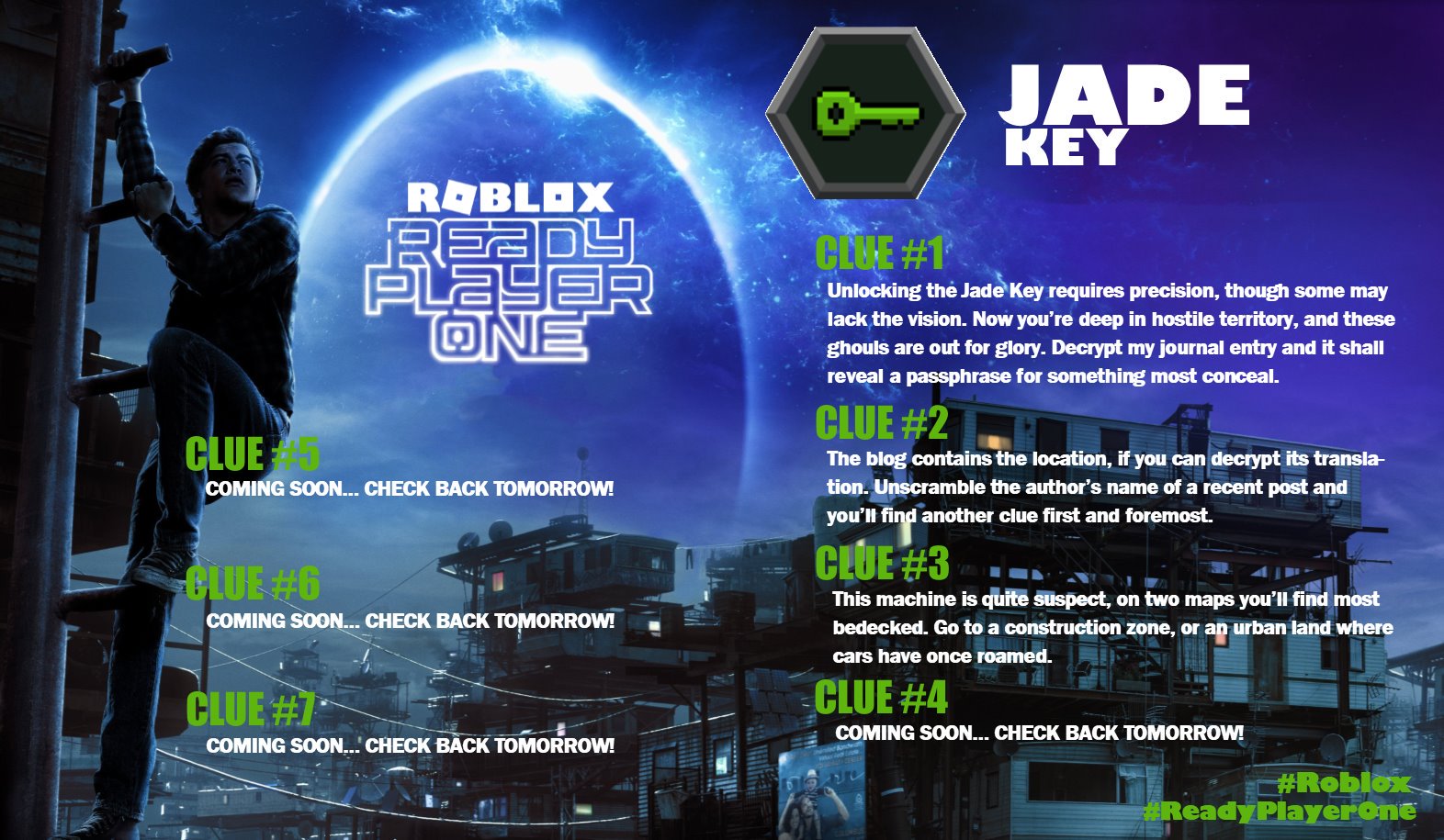 Bloxy News On Twitter Bloxynews The Current Clues For Finding The Jade Key In The Roblox Readyplayerone Event - roblox jade key location