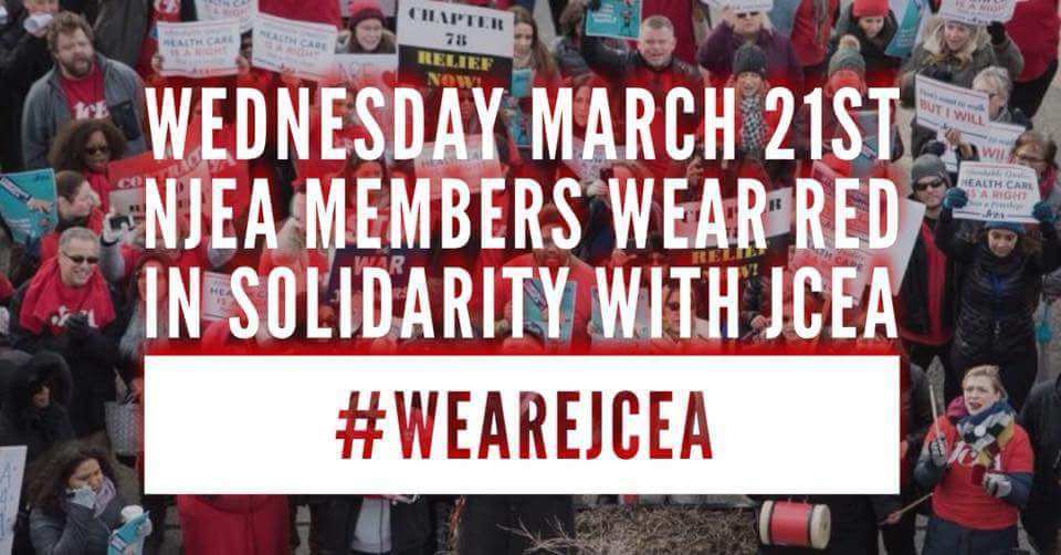 NJEA's tweet photo. We are with you @JCEA_jerseycity!
R/T if you're wearing RED on Wednesday, 3/21.
#WEareJCEA #JCEAWalks #UnionStrong https://t.co/17utBRIK7O