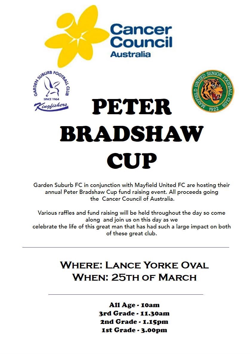 gardensuburbfc's tweet photo. Sunday is the Peter Bradshaw Cup v Mayfield United Senior Football Club.

This is an annual fundraiser for Cancer Council by the clubs to celebrate the life of Peter Bradshaw. 

You can donate to the fundraiser by going to https://t.co/9OAXbtc2nq 

Game times in poster. https://t.co/TLRXnrHrhQ