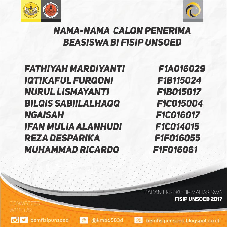 Selamat kepada Kakak-kakak yang telah lolos seleksi Beasiswa BI di tingkat Fakultas!
Jangan lupa nih jadwal wawancaranya,

📆: Kamis, 22 Maret 2018
🕘: 09.00 - Selesai
📍: Kantor Perwakilan Bank Indonesia Purwokerto
👔 : Kemeja &amp; Celana ( Non-Jeans ) &amp; bersepatu