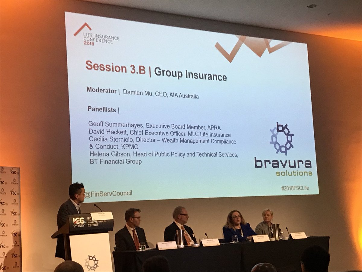 FinServCouncil's tweet photo. .@GESupdate from @APRAinfo, David Hacket from @MLC_Australia, Cecilia Storniolo from @kpmgaustralia and Helena Gibson from @BTFGnews cover off the Group Insurance panel with Damien Mu from @AIAlifeinsure moderating at #2018FSCLife https://t.co/En1Ja1m2bz