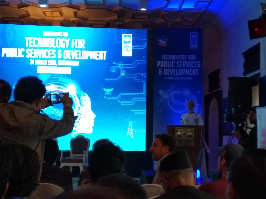 Sushil0P's tweet photo. @RealSophiaRobot delivering keynote says technology providing solutions to many problems world face @UNDPNepal @icimod https://t.co/NlXqLinXj2