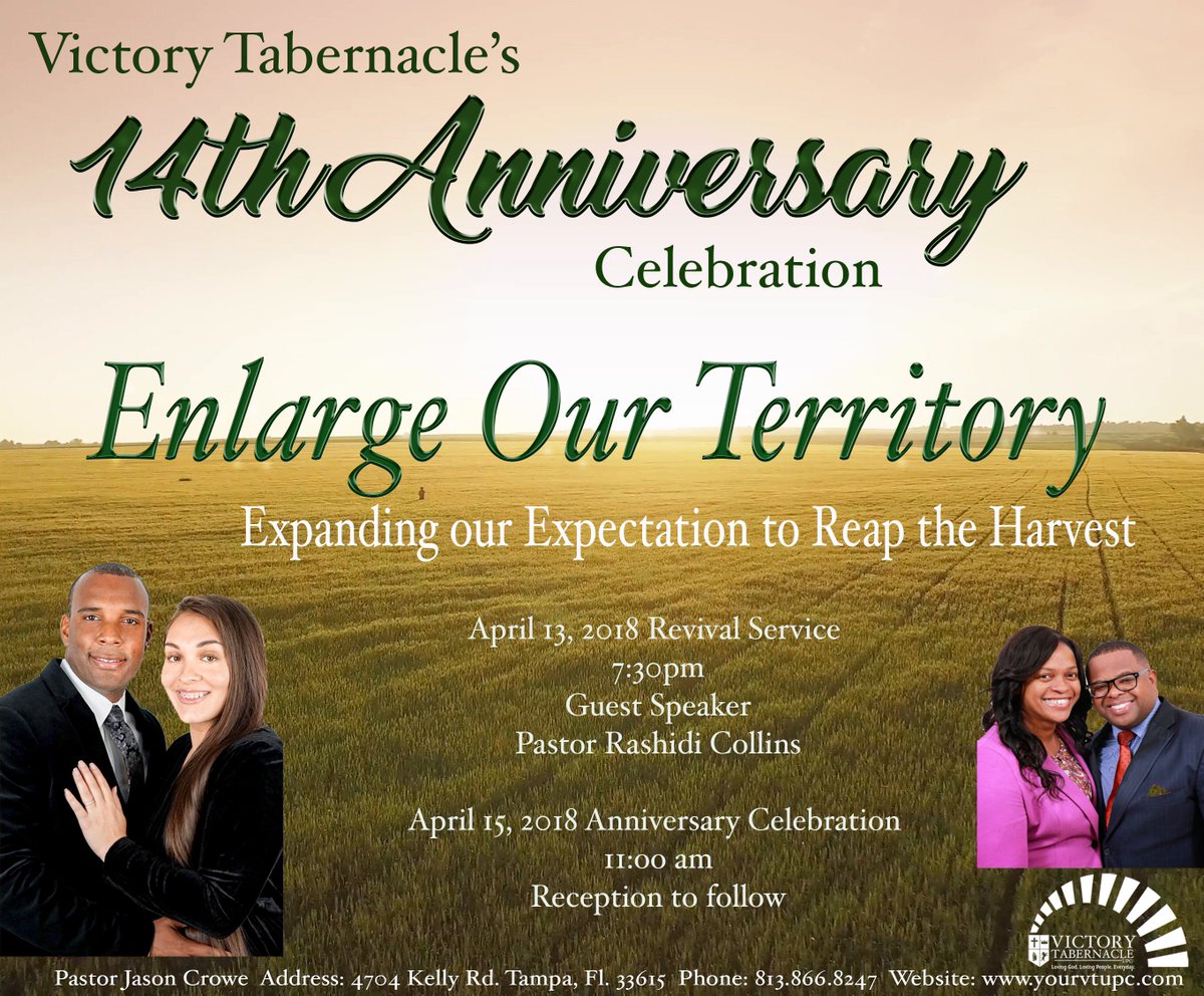 yourVT's tweet image. Commemorating 14 yrs of ministry! Revival service on 4/13/18 @ 7:30pm w/ @RashidiCollins. Anniversary Celebration on 4/15/18 @ 11am. #Anniversaryweek #tamparevival #victorybelongstojesus #increase #enlargeourterritory #14years #harvest #ministry #apostolicchurch #wegotthevictory