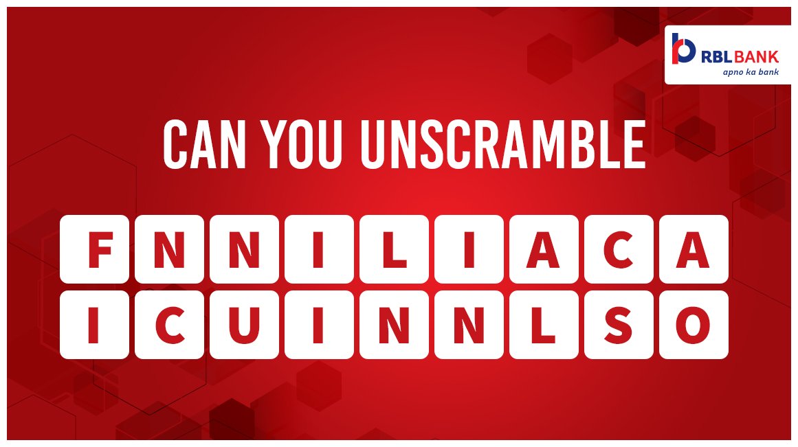 rblbank's tweet photo. Good morning. Can you #unscramble this term? #SolveTheScrabble and post your answer in the comments. Retweet, tag your friends and see who's got the right answer!
#GuessItRight #QuizTime #WiseWednesday https://t.co/aaqTS2sRGt