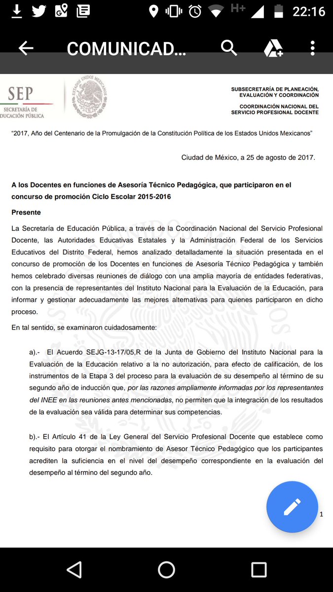 gserranocren's tweet photo. @ElpidioSNTE @TeresaOrozco @ponchogomezg Con este comunicado nos notificaron a los #ATP2015 que debíamos cumplir con la etapa 3 de nuestra evaluación. La atendimos. Ahora la @CNSPD2016 se reserva el cumplimiento del punto ocho del mismo documento. Es lógico? https://t.co/R4iMBFYEhJ