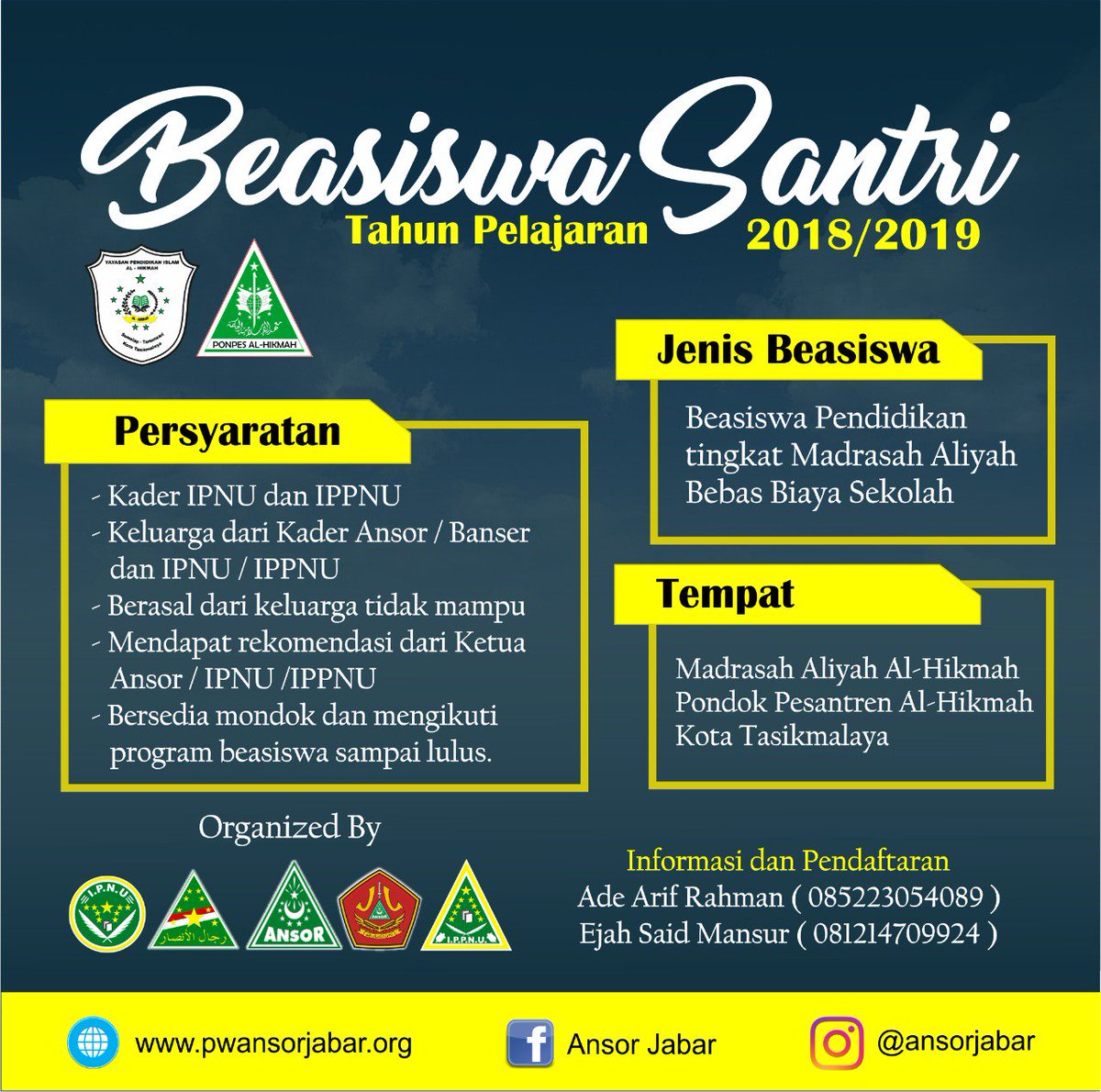 Untuk sahabat2 silahkan dimanfaatkan kesempatan mondok dan sekolah di Tasik. Cc sekjend <a href="/Adung65A/">adung</a> ketua @assegaf_ricky
#khidmat_alHikmah