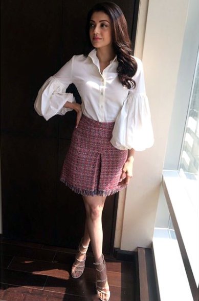 HydTimes's tweet photo. #MLA star @MsKajalAggarwal wore this outfit to the promotions of her upcoming movie. Doesn't she look outrageously cute? 🔥😍 https://t.co/PggZ08WhCz