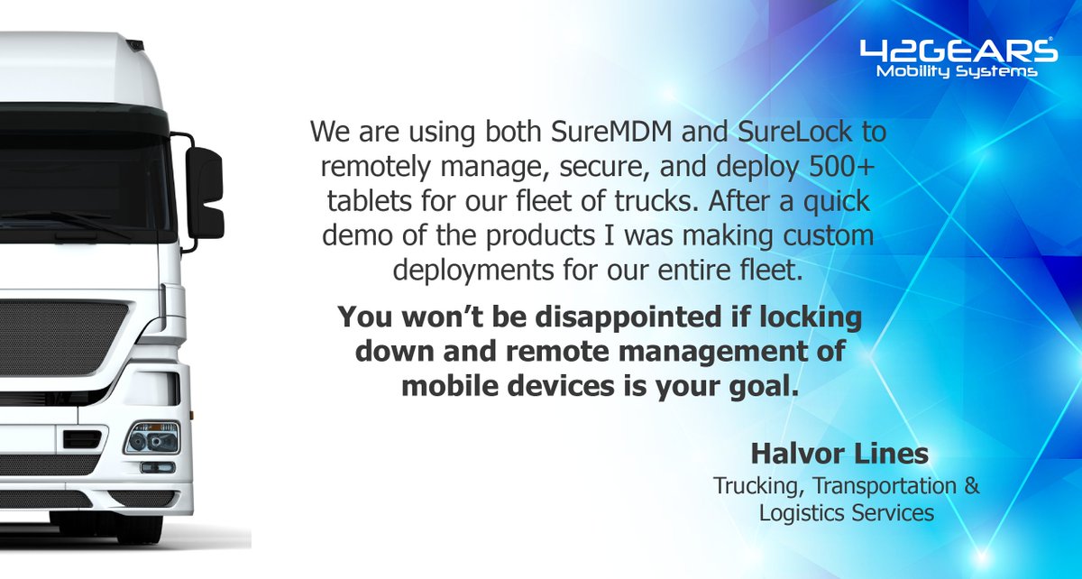 42gears's tweet photo. Read what one of our #logistics customers has to say about 42Gears products - https://t.co/jiFMtHoil6
#SureLock #SureFox #EnterpriseMobility #FleetManagement https://t.co/PWUOfSG7GW