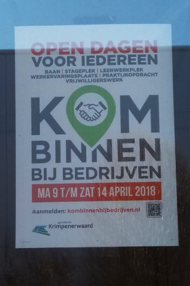 Fantastisch, bedrijven en organisaties in het Groene Hart laten zien dat ze meedoen met de 'Kom binnen bij bedrijven' open dagen. Ze hangen deze poster op bij hun voordeur. kombinnenbijbedrijven.nl