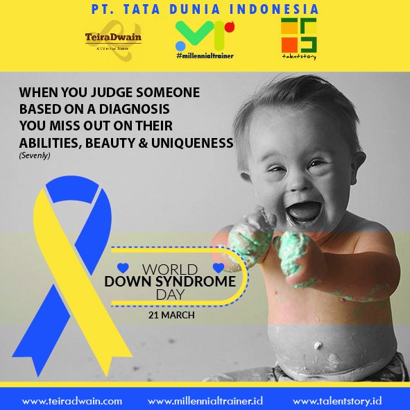mti_talentstory's tweet image. WHEN YOU JUDGE SOMEONE
BASED ON A DIAGNOSIS
YOU MISS OUT ON THEIR
ABILITIES, BEAUTY &amp;amp; UNIQUENESS
(Sevenly)
World Down Syndrome Day
millennialtrainer.id
#millennialtrainer #inhousetraining #outboundservice #headhunter #teiradwain #talentstory #worlddownsyndromeday #downsyndrome