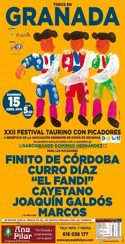 GRANADA | 15 de Abril, XXII Festival taurino con picadores a beneficio de <a href="/ftgranadadown/">Festival GranadaDown</a>
Novillos de <a href="/garcigrande/">Justo Hdez</a> para:

▪️Finito De Córdoba
▪️Curro Díaz 
▪️El Fandi
▪️Cayetano
▪️Joaquín Galdos
▪️Marcos