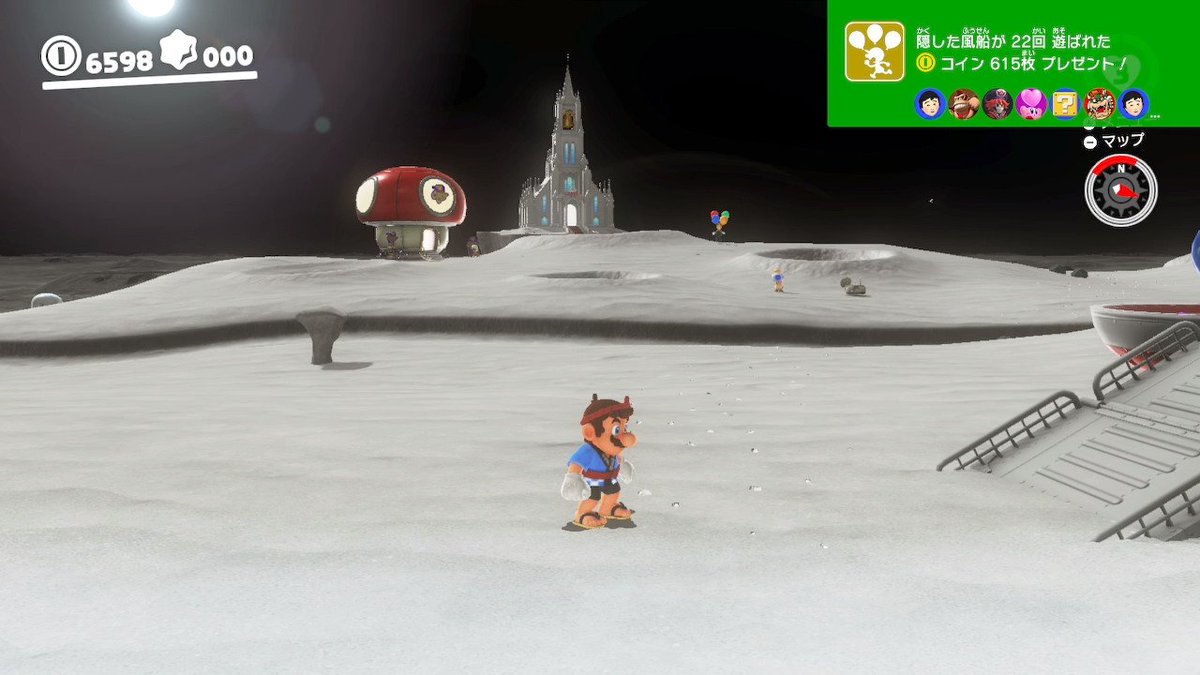 砂の国のバルーンファインドで、開始地点からすごく近いけどちょっと割りにくい位置に風船を置いてみたら、数分 目を離した間に 22 回も遊ばれた。  #スーパーマリオオデッセイ #SuperMarioOdyssey #NintendoSwitch