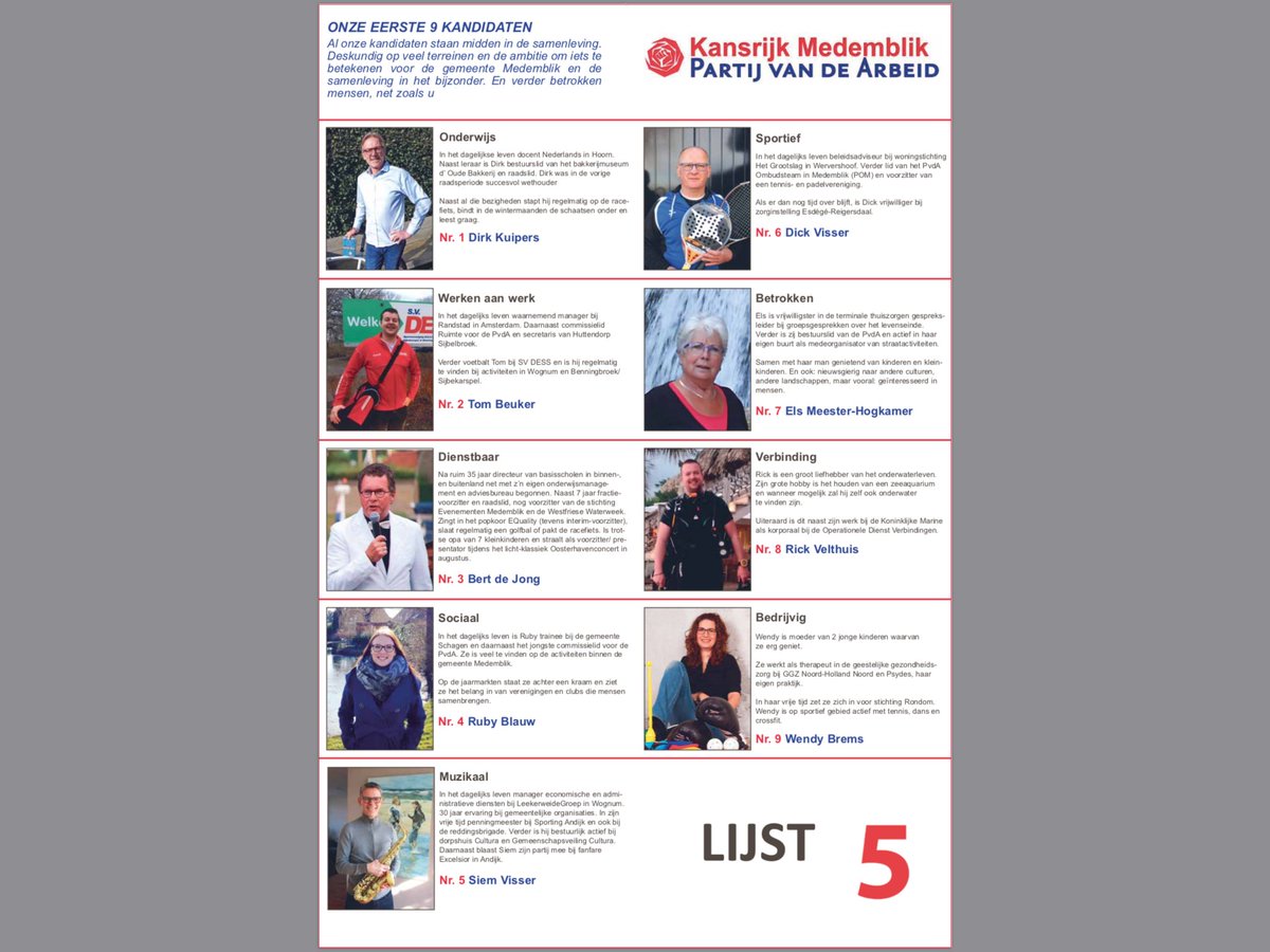 Onze kandidaten staan midden in de samenleving en zijn er voor JOU! Gebruik je stem(recht) en kies voor een socialer beleid <a href="/GemMedemblik/">Gemeente Medemblik</a> . Meer betaalbare woningen, goede betaalbare #zorg dichtbij, niks geen #kinderarmoede. Kies lijst 5! Wij zullen er voor je zijn! <a href="/PvdA/">Partij van de Arbeid</a> #pvda