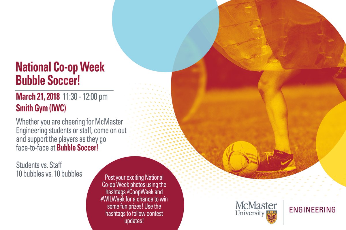 McMasterEng's tweet image. Bubble Soccer. Need we say more? #MacEng faculty and staff will go head to head (or bubble to bubble) with the @macengsociety and students. Who will win? Come and find out today in the Smith Gym at 11:30 am! #CoopWeek #WILweek #HireStudents